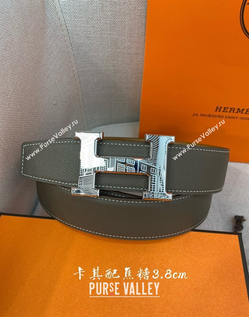 Hermes Constance belt buckle Epsom leather strap 3.8cm Khaki/Caramel 2025 0314 (99-250314102)
