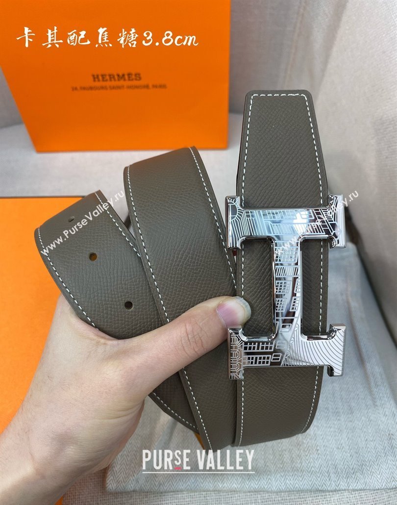 Hermes Constance belt buckle Epsom leather strap 3.8cm Khaki/Caramel 2025 0314 (99-250314102)