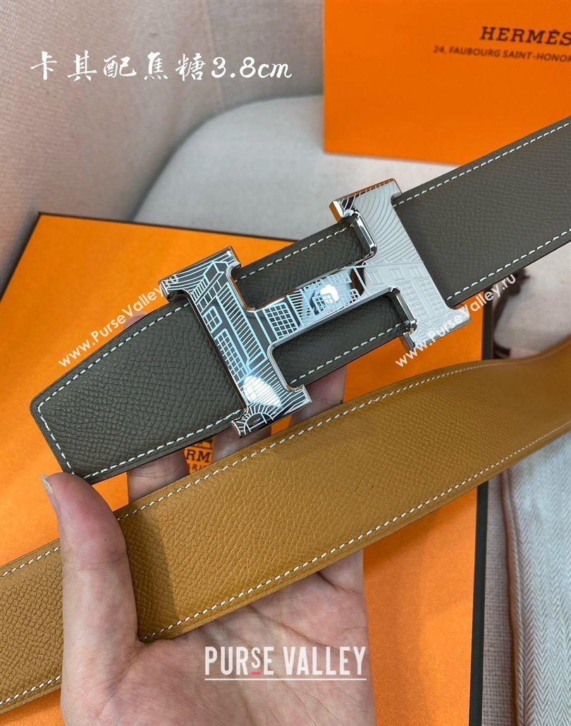 Hermes Constance belt buckle Epsom leather strap 3.8cm Khaki/Caramel 2025 0314 (99-250314102)