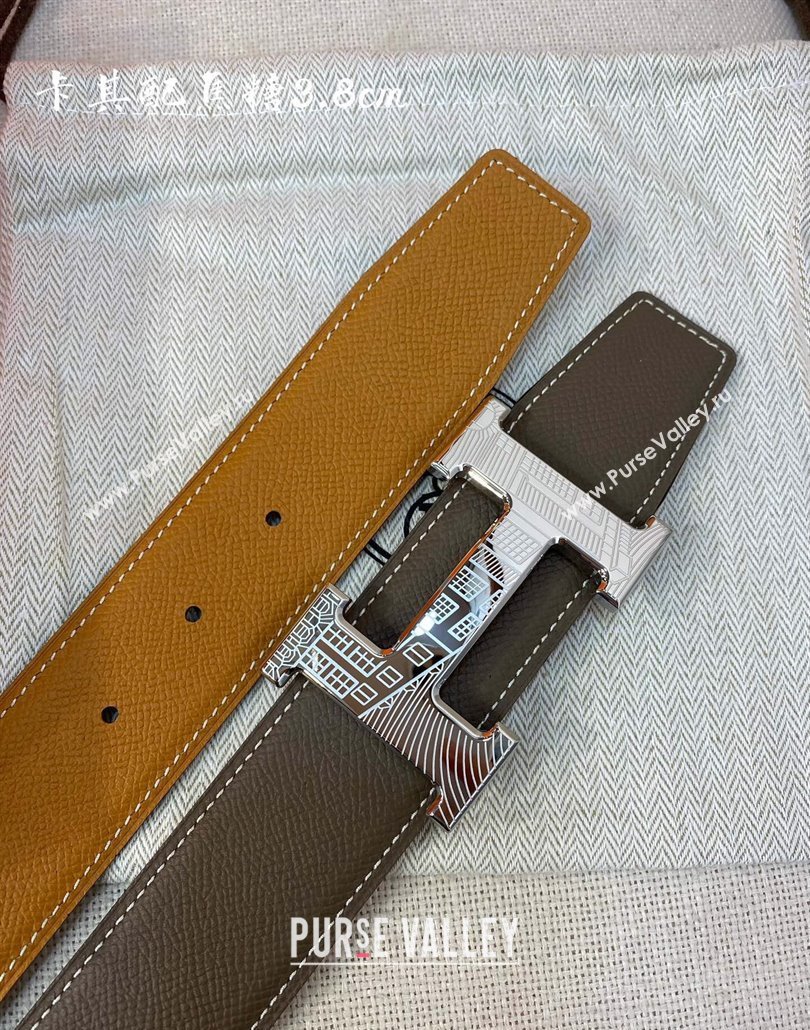 Hermes Constance belt buckle Epsom leather strap 3.8cm Khaki/Caramel 2025 0314 (99-250314102)