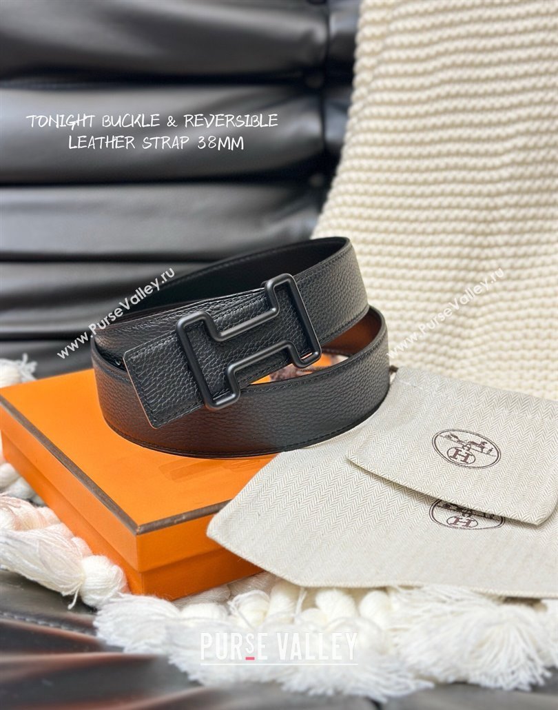 Hermes Tonight Color belt buckle Reversible leather strap 3.8cm Black 2025 0314 (99-250314104)