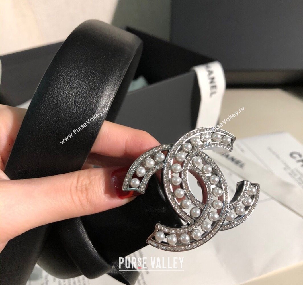 Chanel Classic Calfskin Belt 3cm with Pearls CC Buckle Black/Silver 2025 0315 (99-250315045)