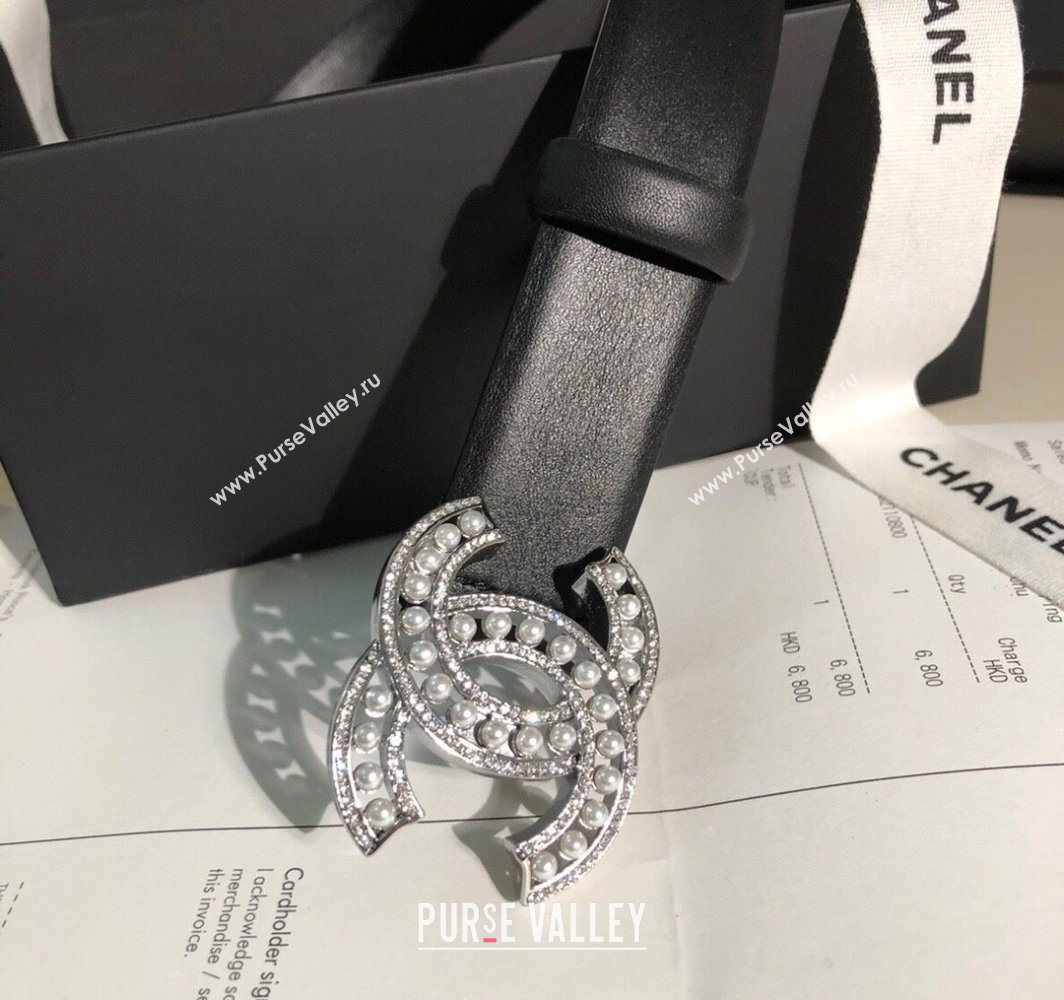 Chanel Classic Calfskin Belt 3cm with Pearls CC Buckle Black/Silver 2025 0315 (99-250315045)