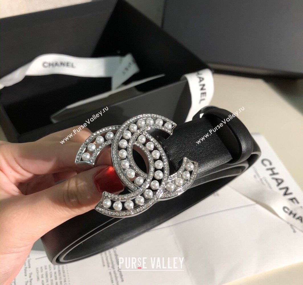 Chanel Classic Calfskin Belt 3cm with Pearls CC Buckle Black/Silver 2025 0315 (99-250315045)