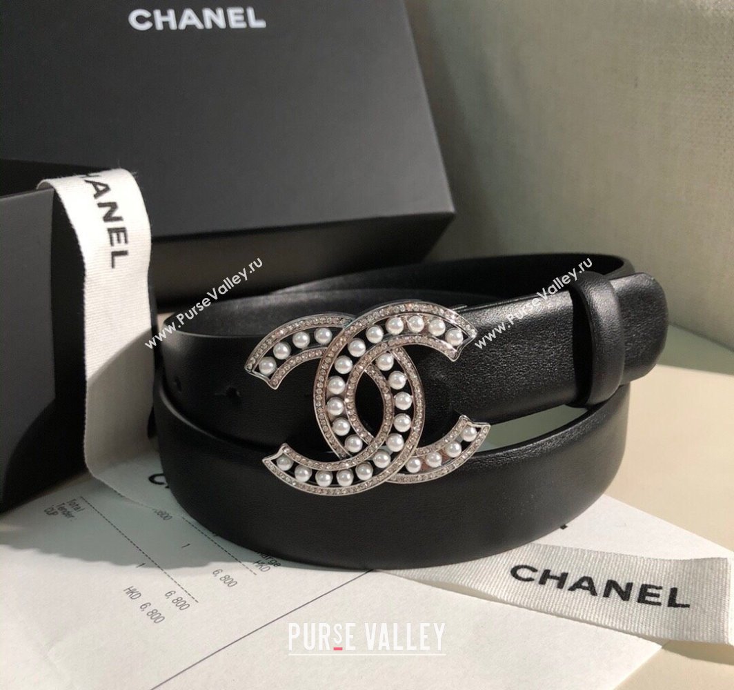 Chanel Classic Calfskin Belt 3cm with Pearls CC Buckle Black/Silver 2025 0315 (99-250315045)