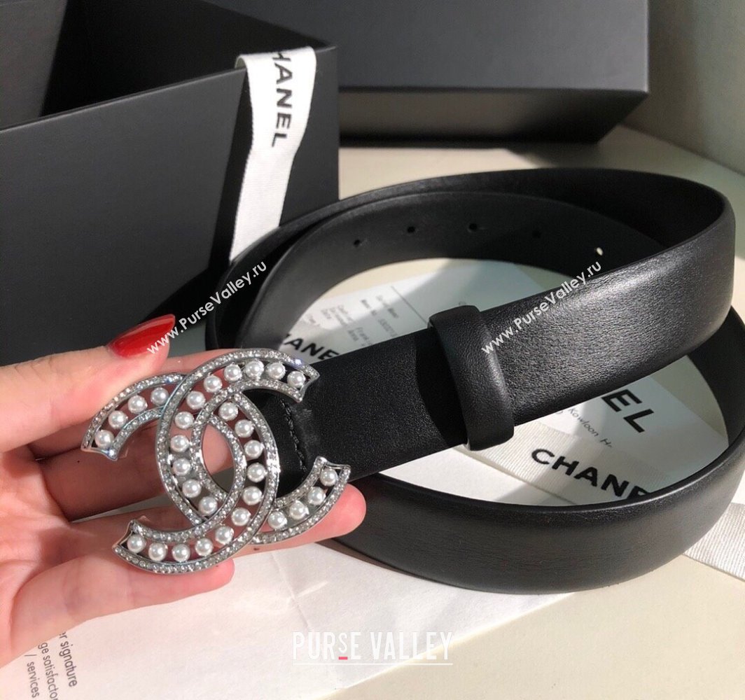 Chanel Classic Calfskin Belt 3cm with Pearls CC Buckle Black/Silver 2025 0315 (99-250315045)