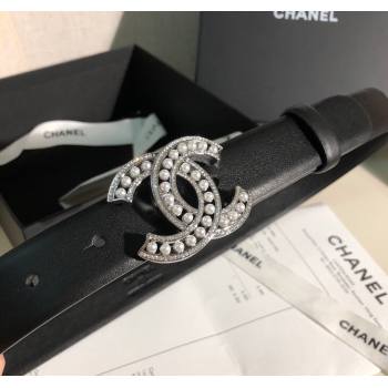 Chanel Classic Calfskin Belt 3cm with Pearls CC Buckle Black/Silver 2025 0315 (99-250315045)