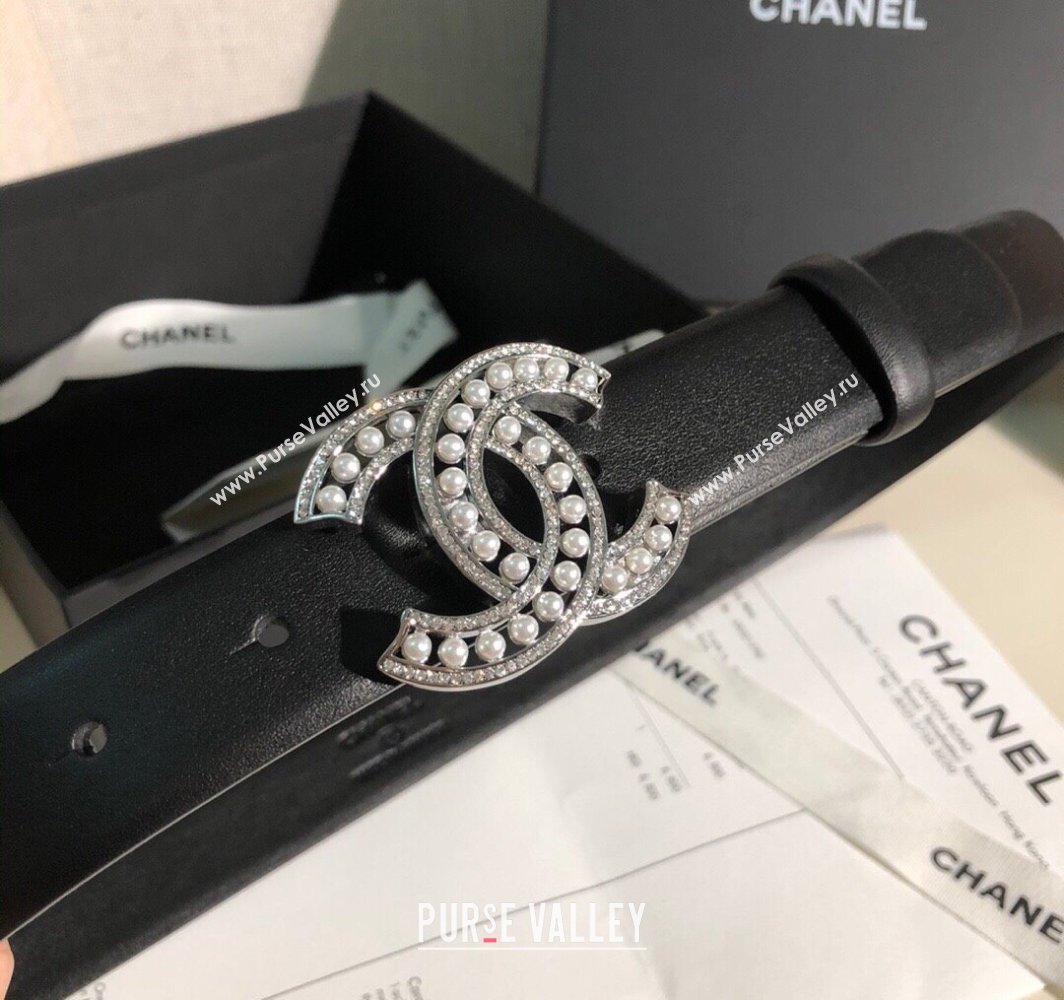 Chanel Classic Calfskin Belt 3cm with Pearls CC Buckle Black/Silver 2025 0315 (99-250315045)