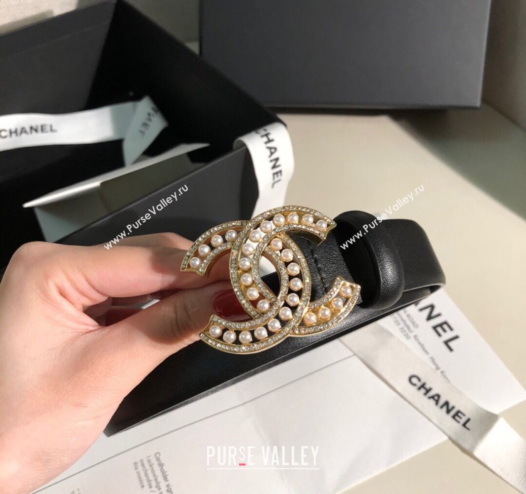 Chanel Classic Calfskin Belt 3cm with Pearls CC Buckle Black/Gold 2025 0315 (99-250315046)
