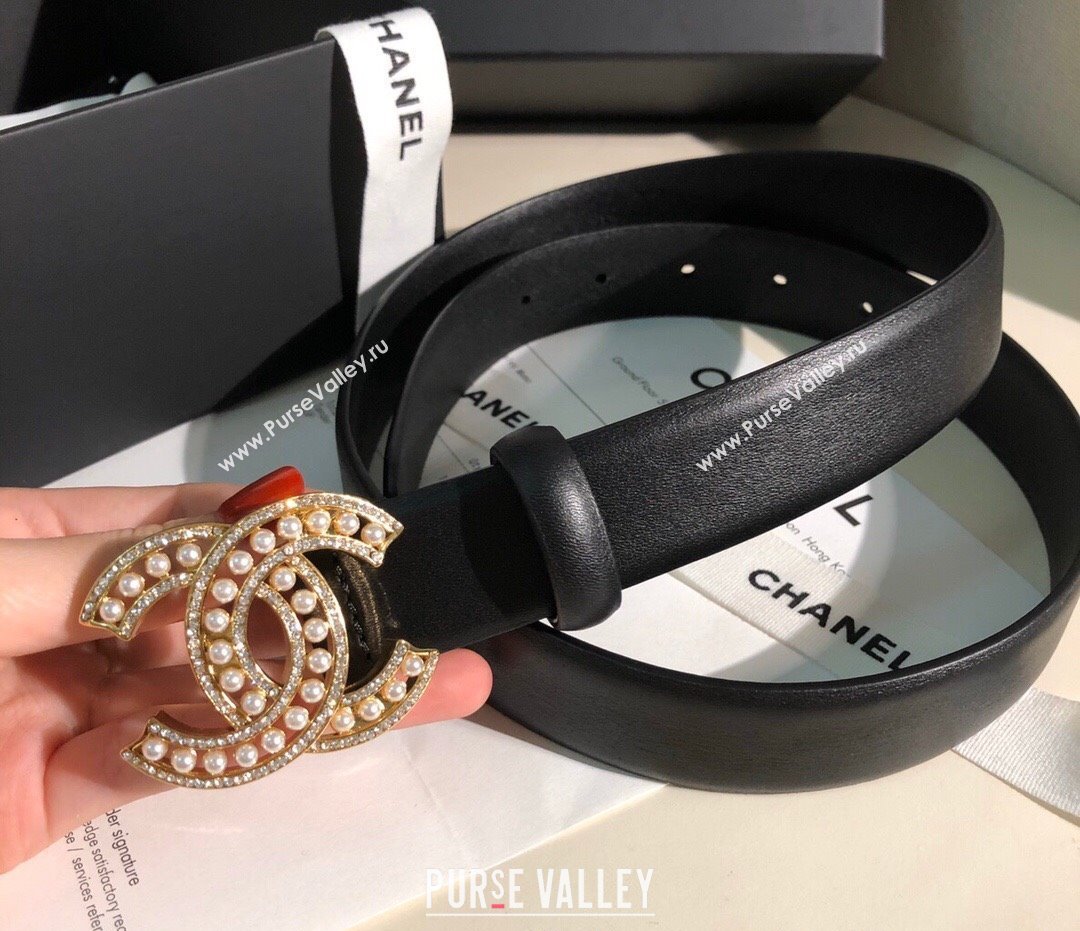 Chanel Classic Calfskin Belt 3cm with Pearls CC Buckle Black/Gold 2025 0315 (99-250315046)