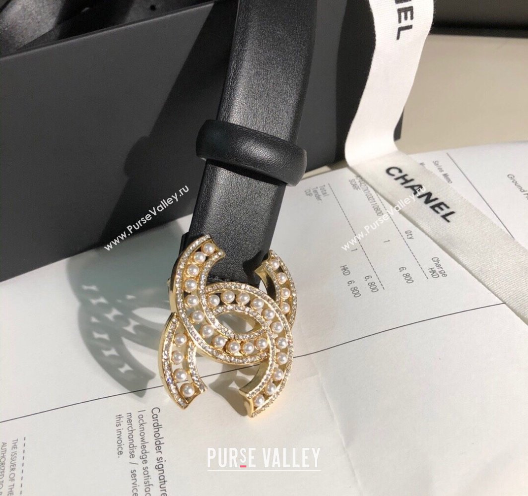 Chanel Classic Calfskin Belt 3cm with Pearls CC Buckle Black/Gold 2025 0315 (99-250315046)