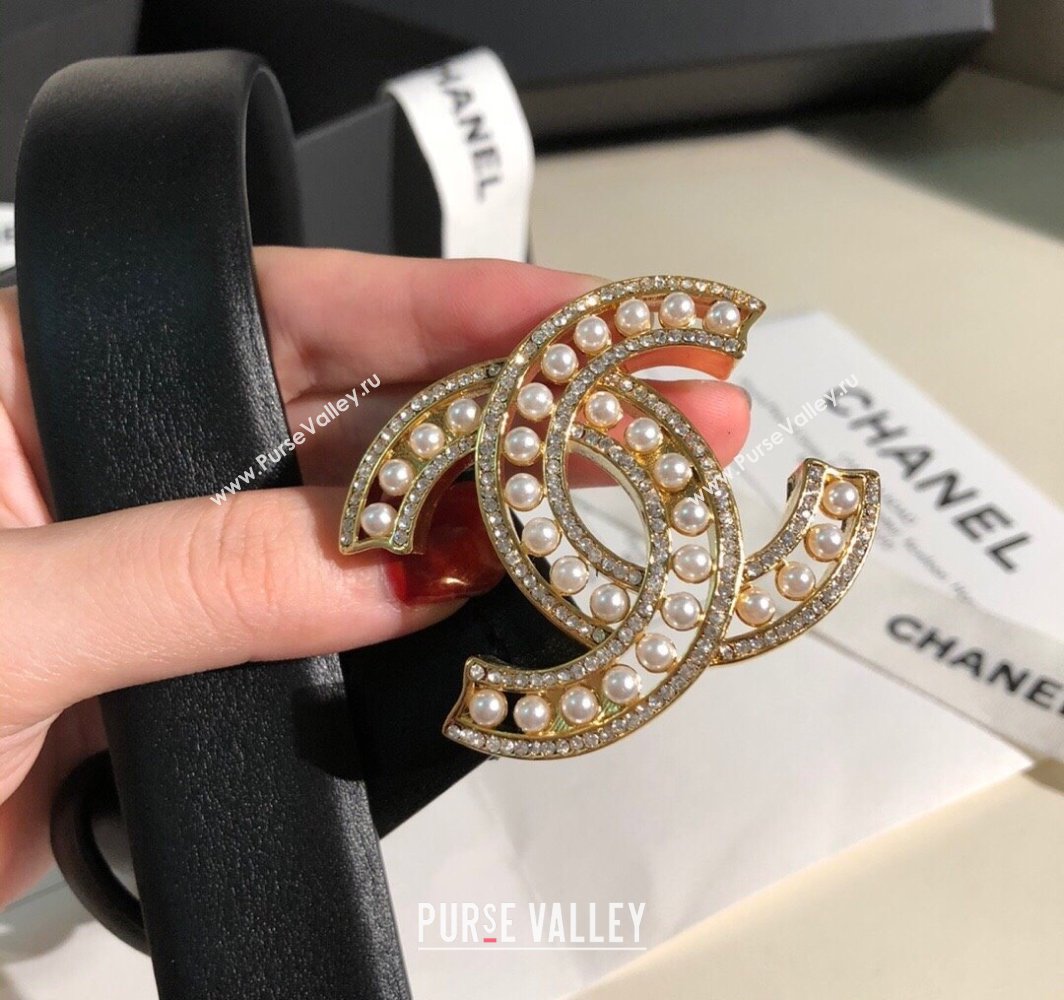 Chanel Classic Calfskin Belt 3cm with Pearls CC Buckle Black/Gold 2025 0315 (99-250315046)