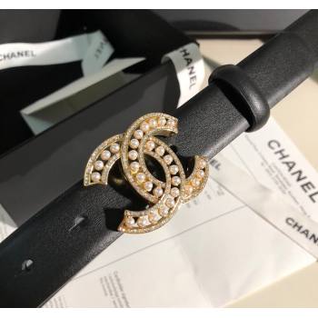 Chanel Classic Calfskin Belt 3cm with Pearls CC Buckle Black/Gold 2025 0315 (99-250315046)