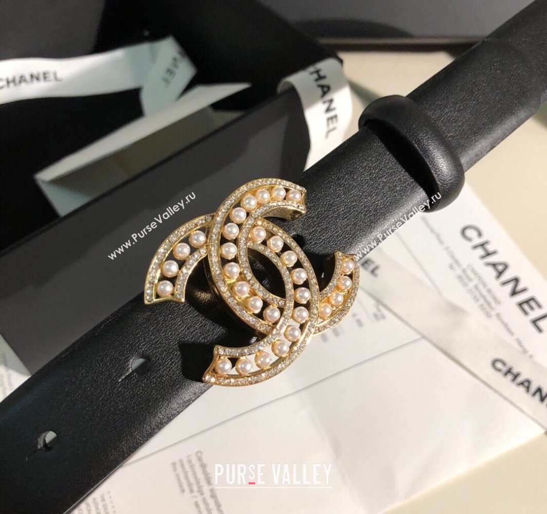Chanel Classic Calfskin Belt 3cm with Pearls CC Buckle Black/Gold 2025 0315 (99-250315046)