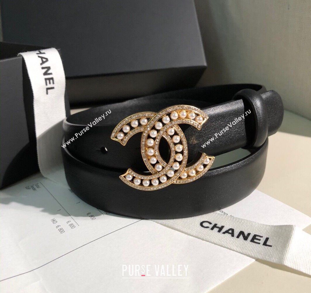 Chanel Classic Calfskin Belt 3cm with Pearls CC Buckle Black/Gold 2025 0315 (99-250315046)