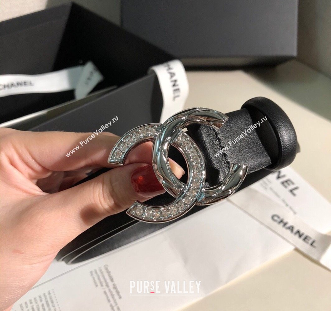 Chanel Classic Calfskin Belt 3cm with Strass CC Buckle Black/Silver 2025 0315 (99-250315047)