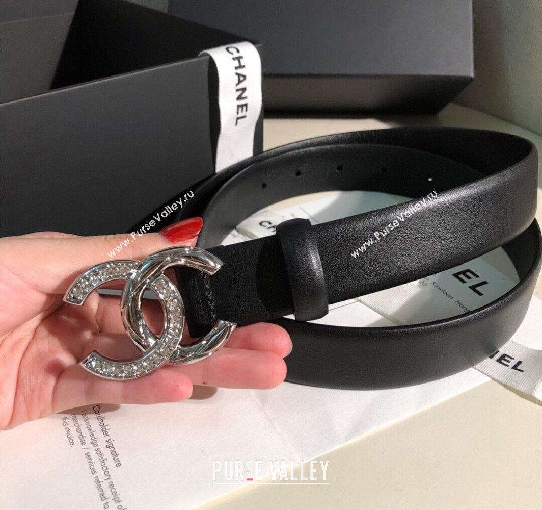 Chanel Classic Calfskin Belt 3cm with Strass CC Buckle Black/Silver 2025 0315 (99-250315047)