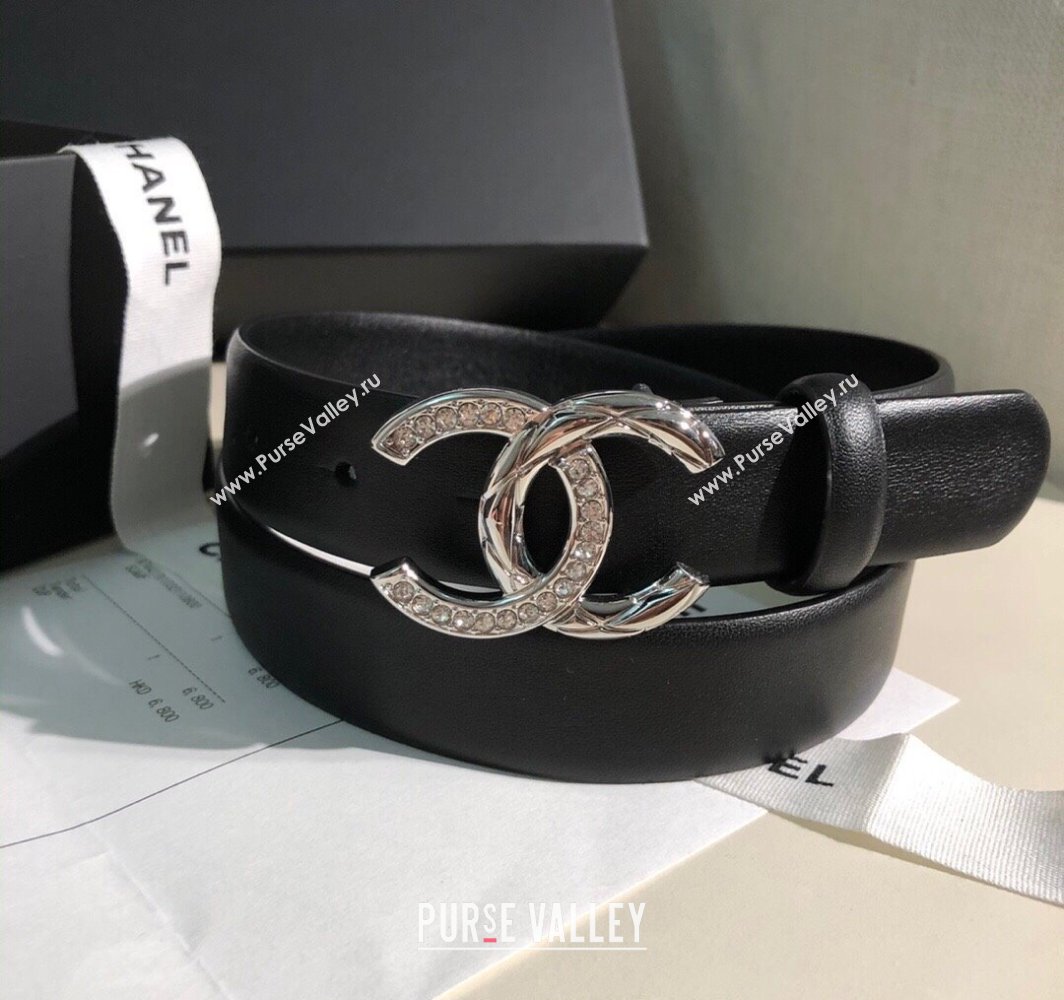 Chanel Classic Calfskin Belt 3cm with Strass CC Buckle Black/Silver 2025 0315 (99-250315047)