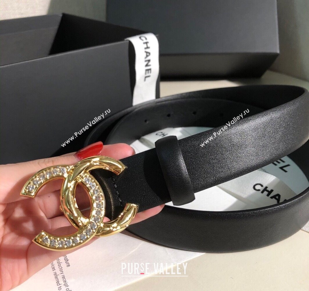 Chanel Classic Calfskin Belt 3cm with Strass CC Buckle Black/Gold 2025 0315 (99-250315048)