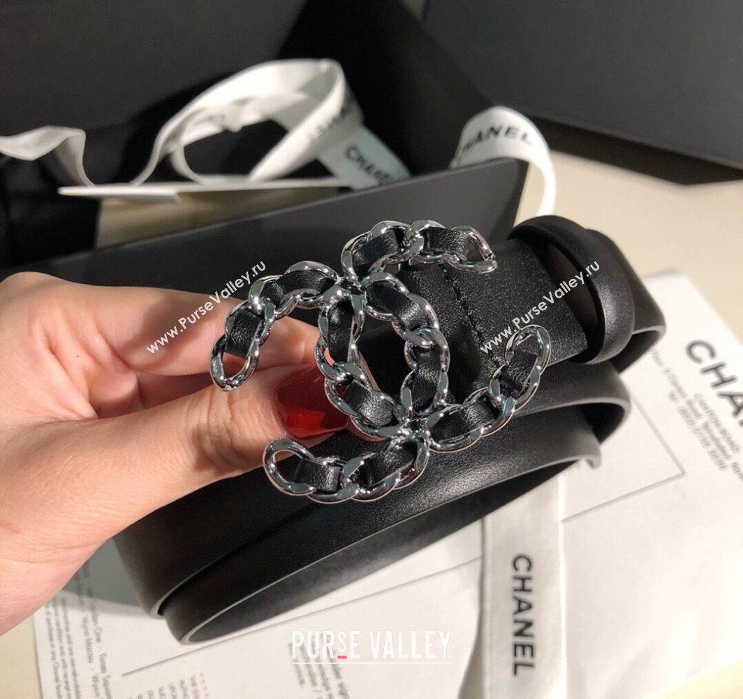 Chanel Classic Calfskin Belt 3cm with Chain CC Buckle Black/Silver 2025 0315 (99-250315051)