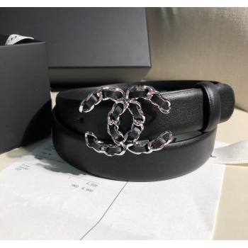 Chanel Classic Calfskin Belt 3cm with Chain CC Buckle Black/Silver 2025 0315 (99-250315051)