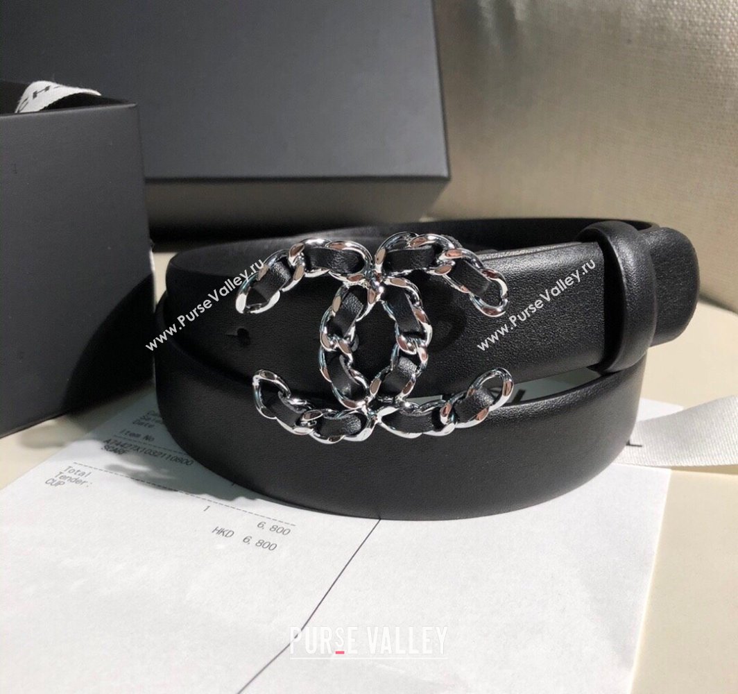 Chanel Classic Calfskin Belt 3cm with Chain CC Buckle Black/Silver 2025 0315 (99-250315051)