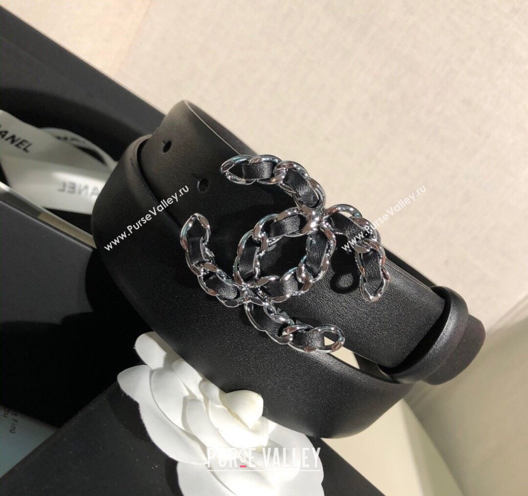 Chanel Classic Calfskin Belt 3cm with Chain CC Buckle Black/Silver 2025 0315 (99-250315051)