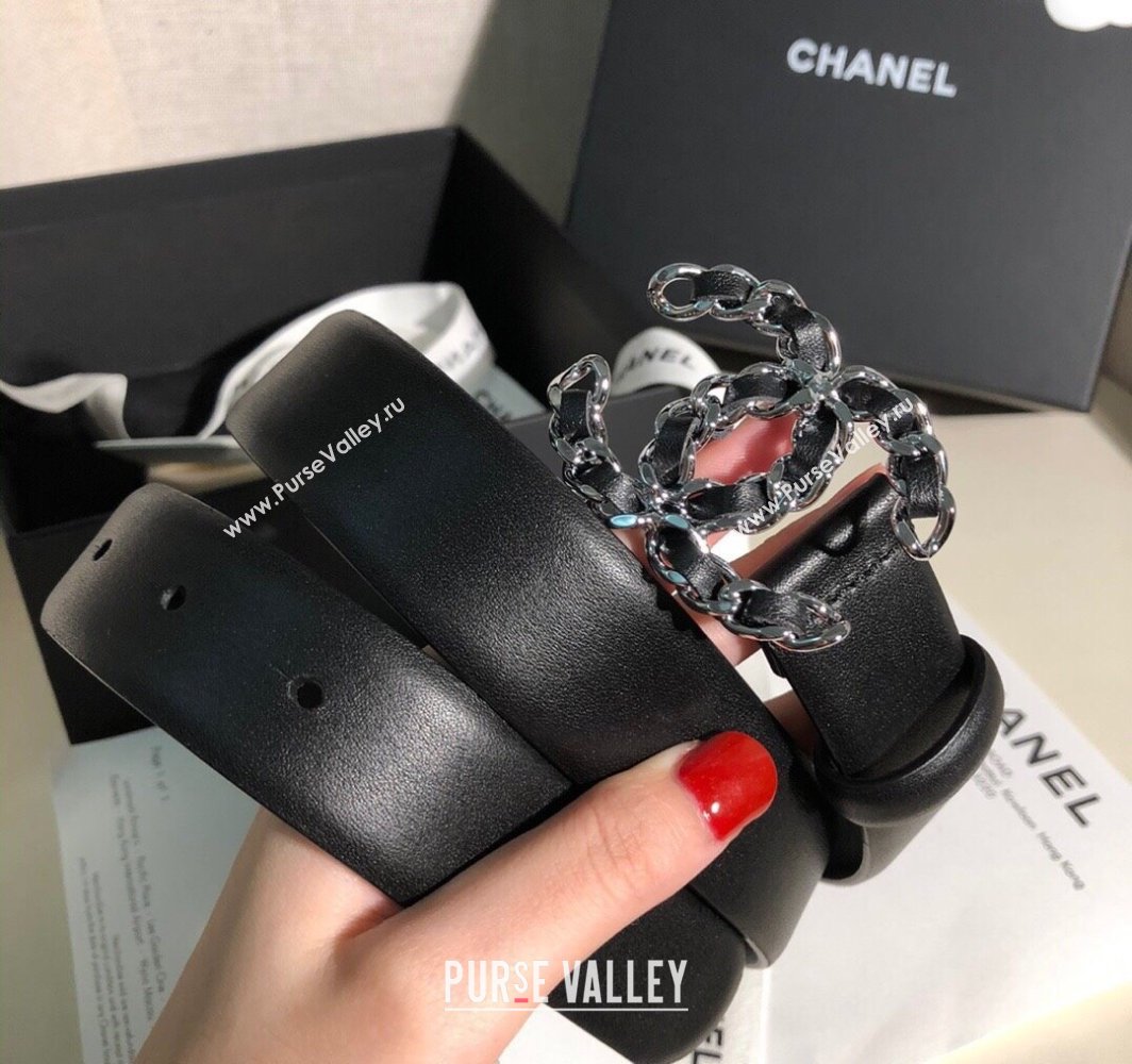 Chanel Classic Calfskin Belt 3cm with Chain CC Buckle Black/Silver 2025 0315 (99-250315051)