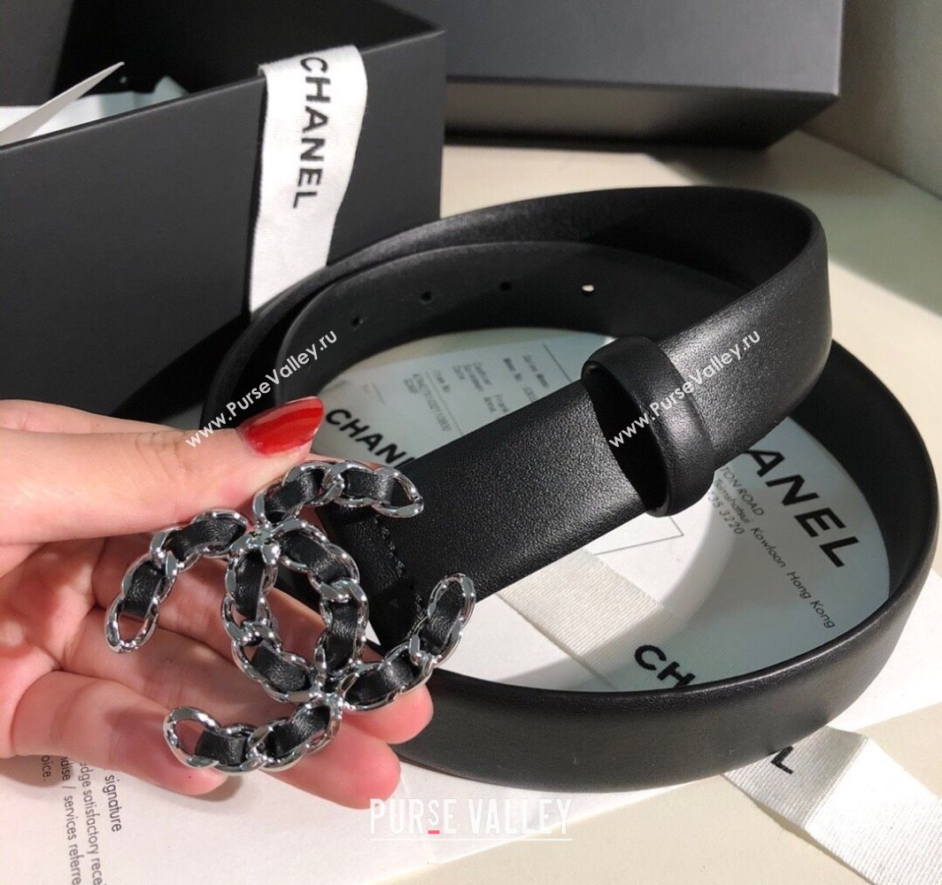 Chanel Classic Calfskin Belt 3cm with Chain CC Buckle Black/Silver 2025 0315 (99-250315051)