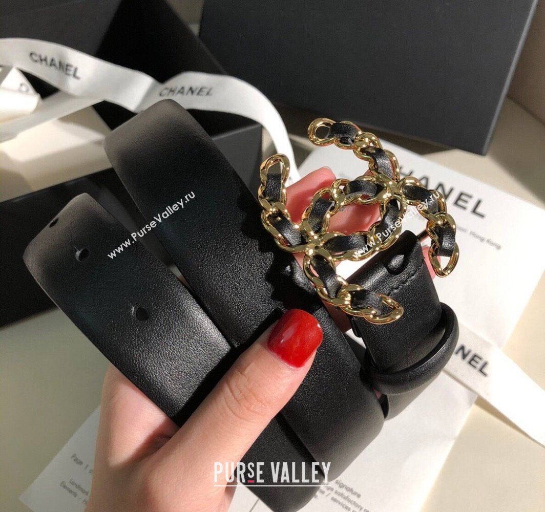 Chanel Classic Calfskin Belt 3cm with Chain CC Buckle Black/Gold 2025 0315 (99-250315052)