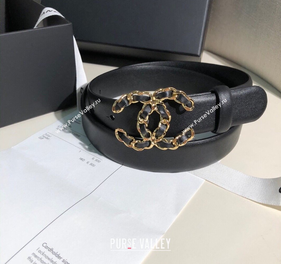 Chanel Classic Calfskin Belt 3cm with Chain CC Buckle Black/Gold 2025 0315 (99-250315052)