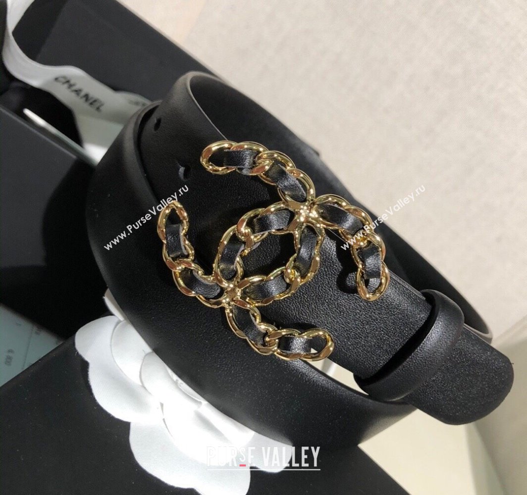 Chanel Classic Calfskin Belt 3cm with Chain CC Buckle Black/Gold 2025 0315 (99-250315052)