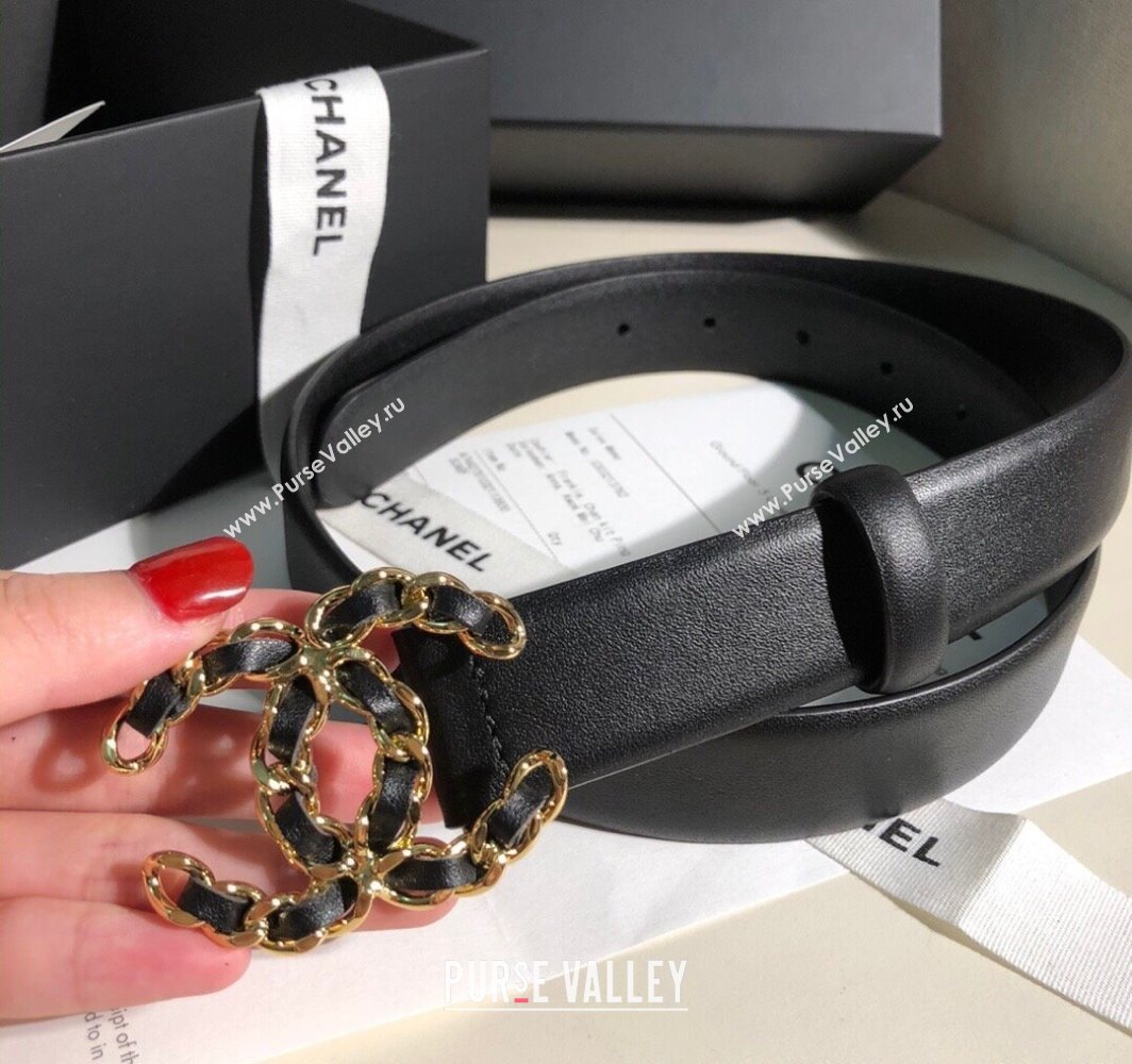 Chanel Classic Calfskin Belt 3cm with Chain CC Buckle Black/Gold 2025 0315 (99-250315052)