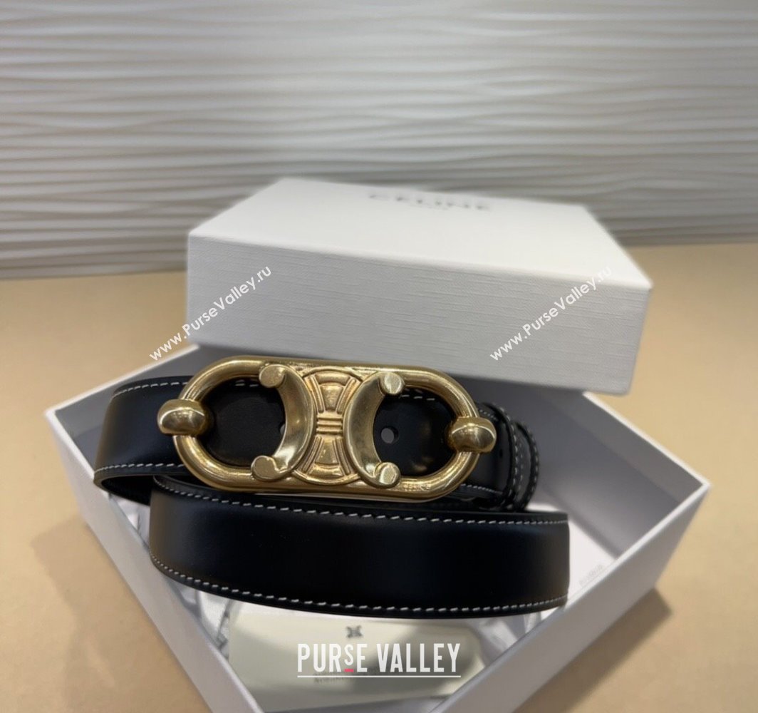 Celine Calfskin Belt 2.5cm with Metal-Tone Triomphe Buckle Black/Gold 2025 0317 (99-250317012)