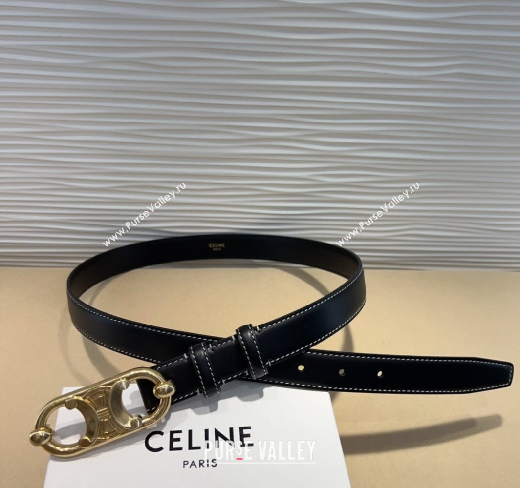 Celine Calfskin Belt 2.5cm with Metal-Tone Triomphe Buckle Black/Gold 2025 0317 (99-250317012)