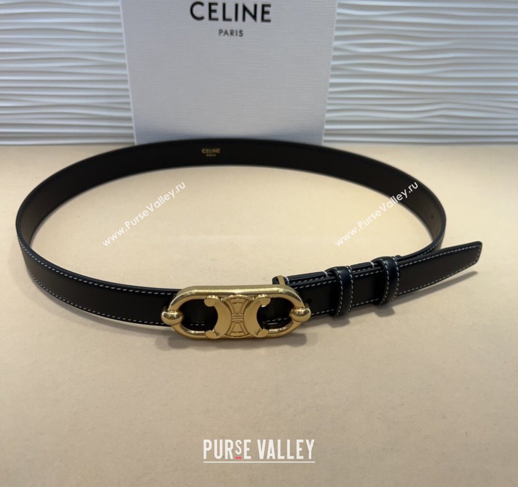 Celine Calfskin Belt 2.5cm with Metal-Tone Triomphe Buckle Black/Gold 2025 0317 (99-250317012)