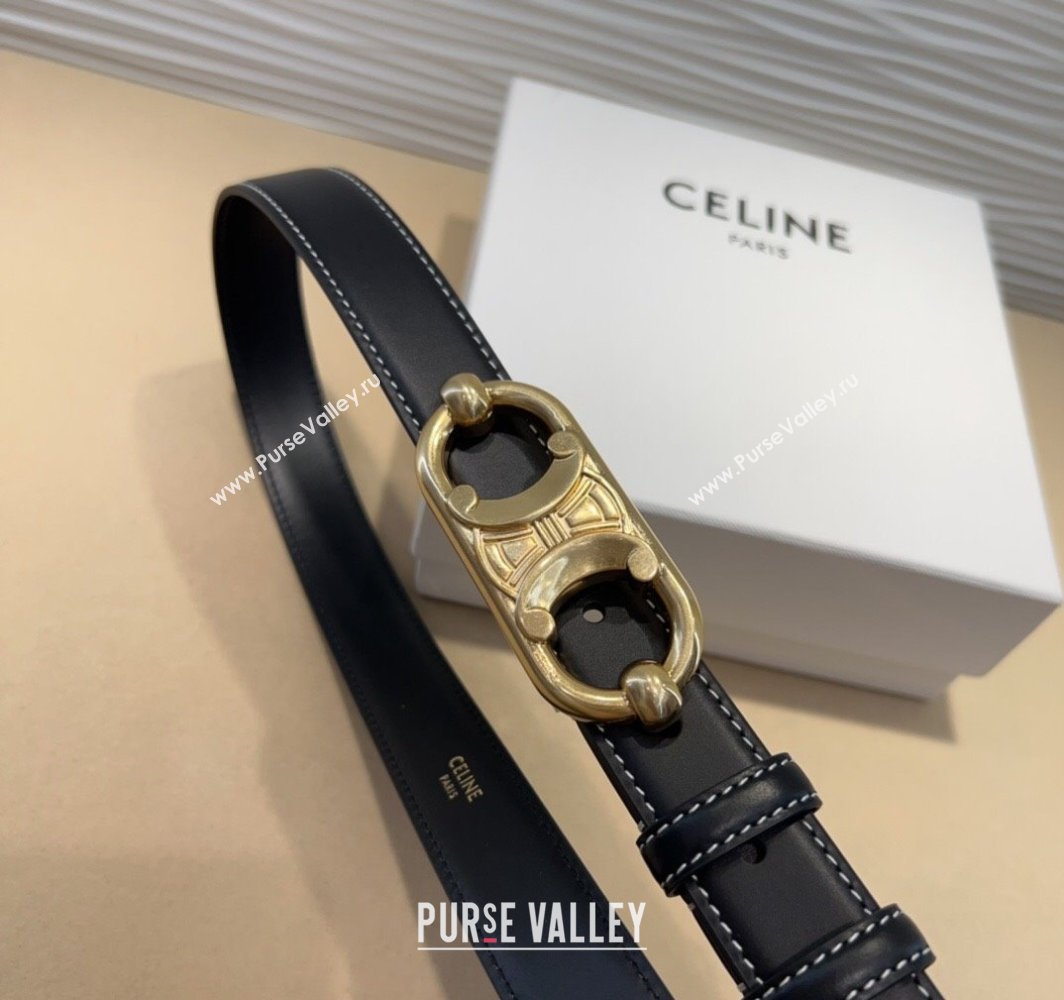 Celine Calfskin Belt 2.5cm with Metal-Tone Triomphe Buckle Black/Gold 2025 0317 (99-250317012)