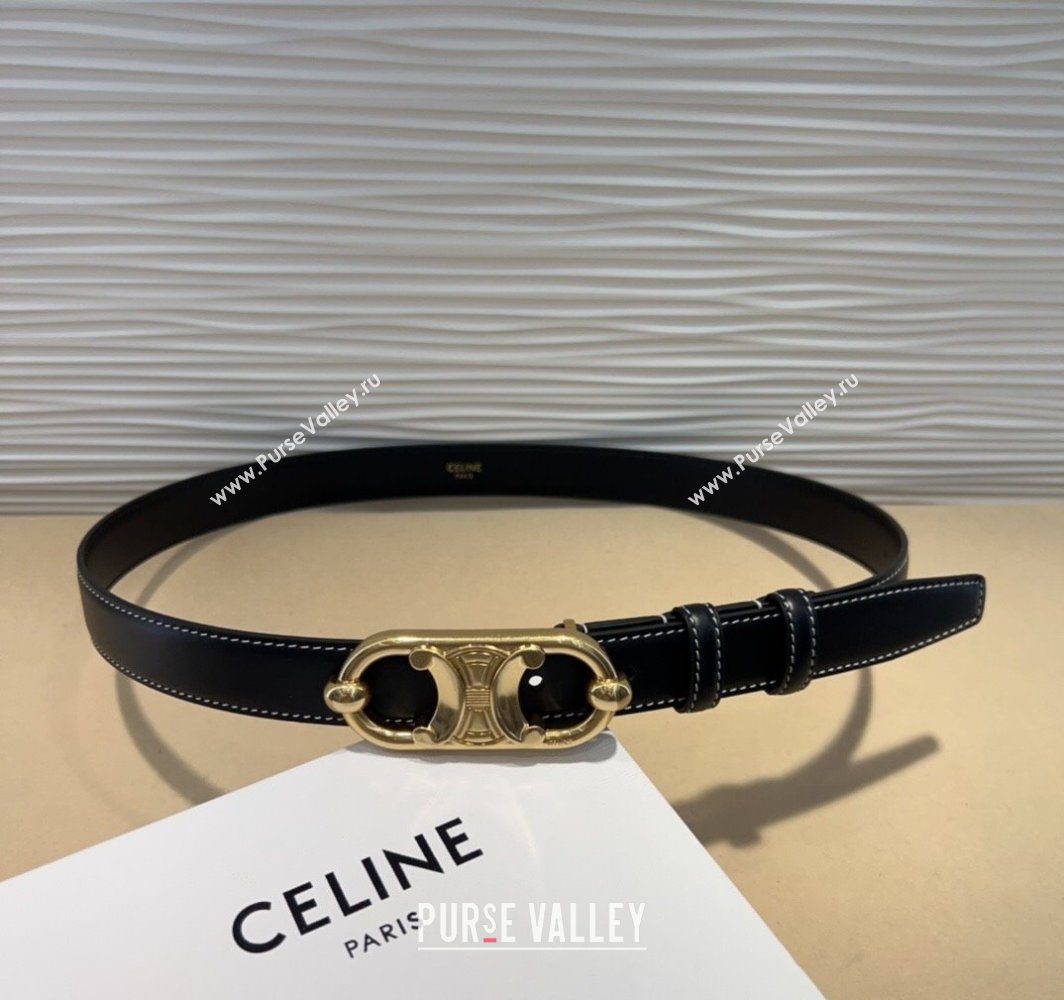 Celine Calfskin Belt 2.5cm with Metal-Tone Triomphe Buckle Black/Gold 2025 0317 (99-250317012)