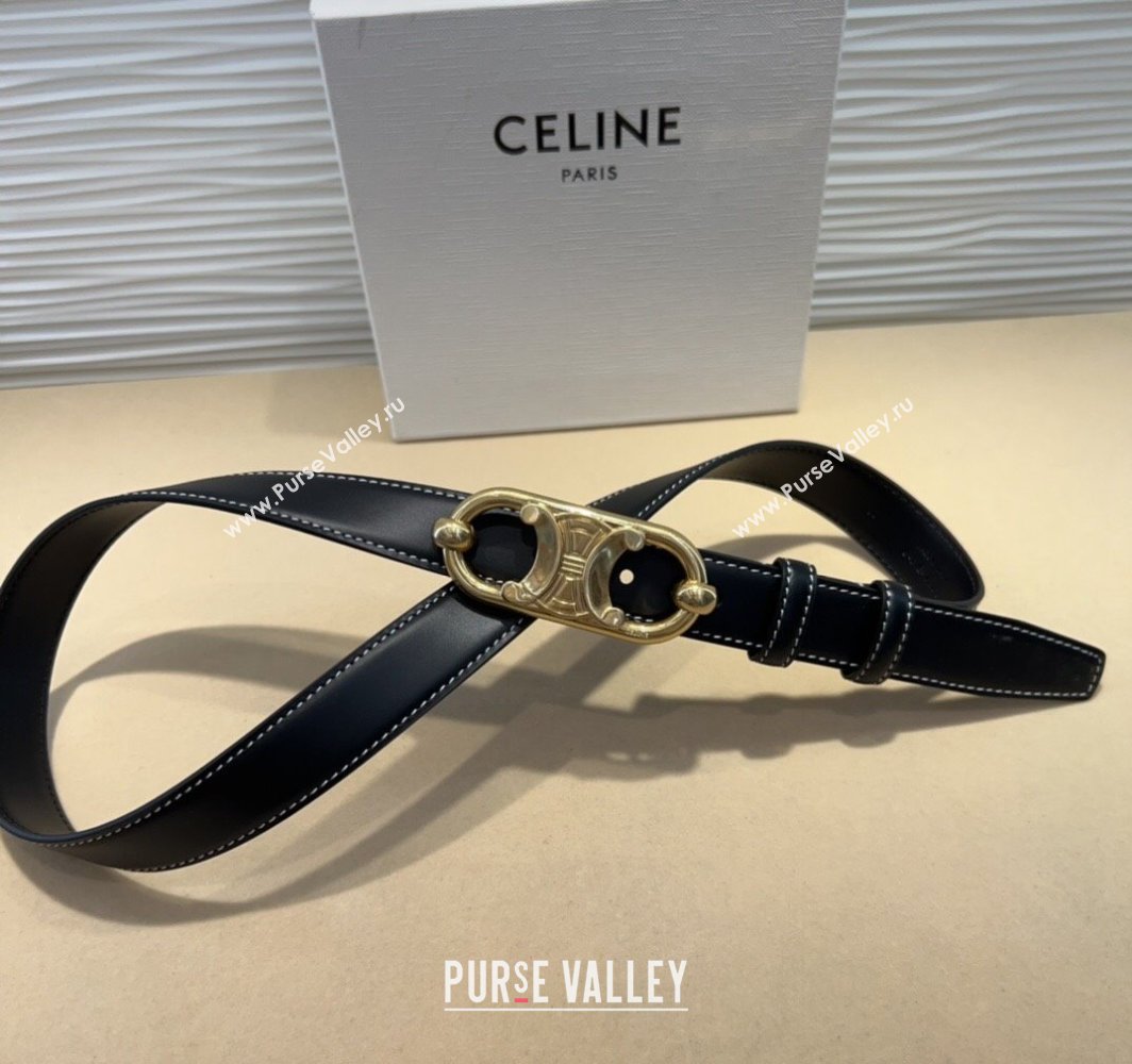 Celine Calfskin Belt 2.5cm with Metal-Tone Triomphe Buckle Black/Gold 2025 0317 (99-250317012)