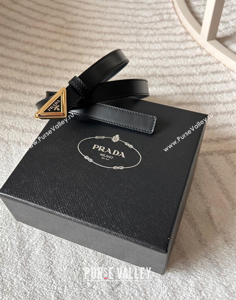 Prada Women Calfskin Belt 2cm with Tiangle Buckle Black/Gold 2025 0315 (99-250315017)