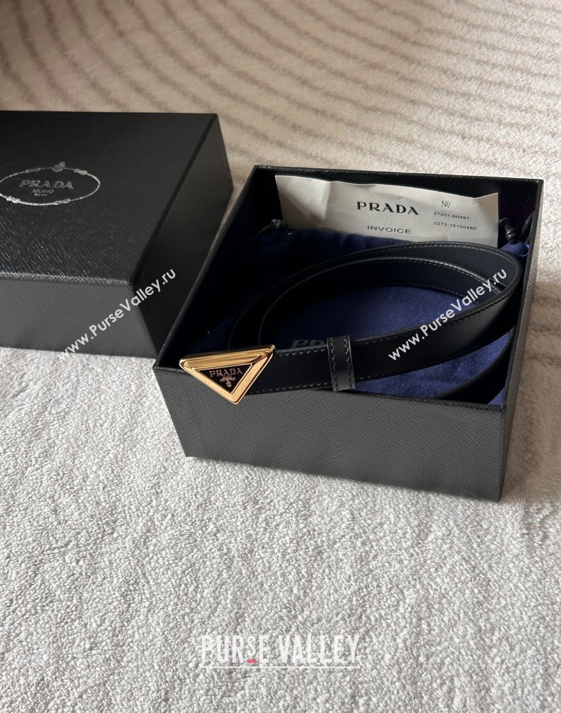 Prada Women Calfskin Belt 2cm with Tiangle Buckle Black/Gold 2025 0315 (99-250315017)