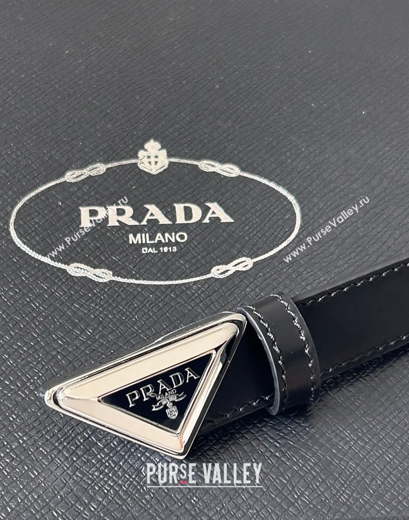 Prada Women Calfskin Belt 2cm with Tiangle Buckle Black/Silver 2025 0315 (99-250315018)