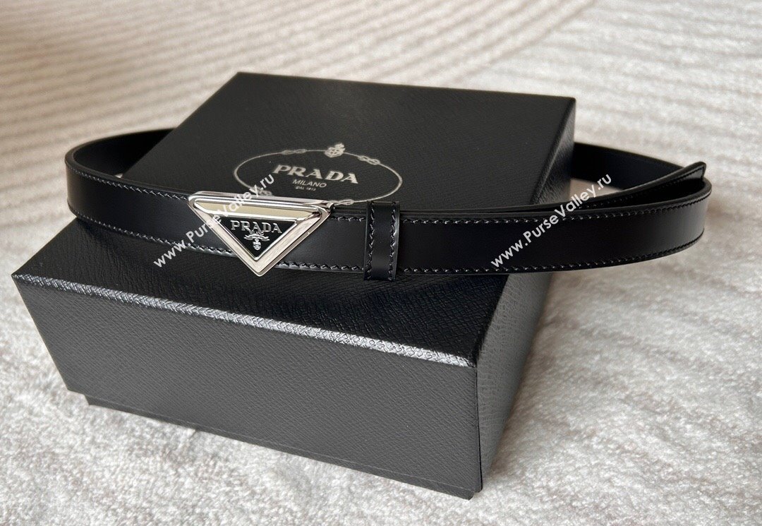 Prada Women Calfskin Belt 2cm with Tiangle Buckle Black/Silver 2025 0315 (99-250315018)