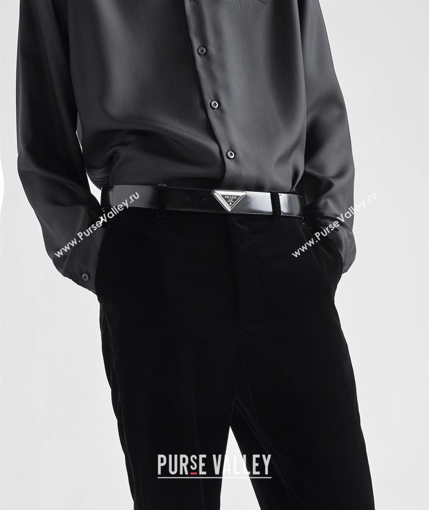 Prada Men Shiny Leather Belt 3.5cm with Tiangle Buckle Black/Gold 2025 0315 (99-250315019)