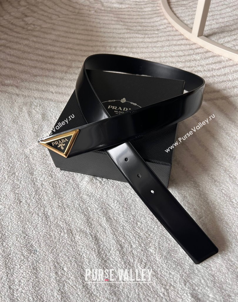 Prada Men Shiny Leather Belt 3.5cm with Tiangle Buckle Black/Gold 2025 0315 (99-250315019)