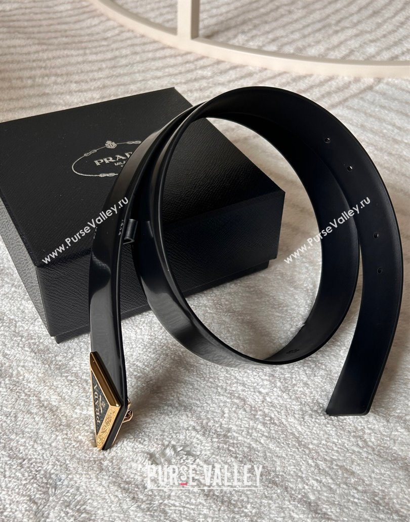 Prada Men Shiny Leather Belt 3.5cm with Tiangle Buckle Black/Gold 2025 0315 (99-250315019)