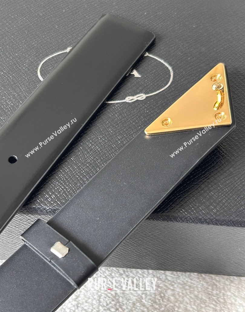 Prada Men Shiny Leather Belt 3.5cm with Tiangle Buckle Black/Gold 2025 0315 (99-250315019)