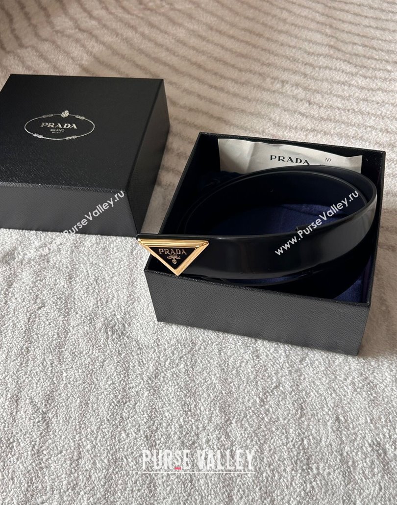 Prada Men Shiny Leather Belt 3.5cm with Tiangle Buckle Black/Gold 2025 0315 (99-250315019)