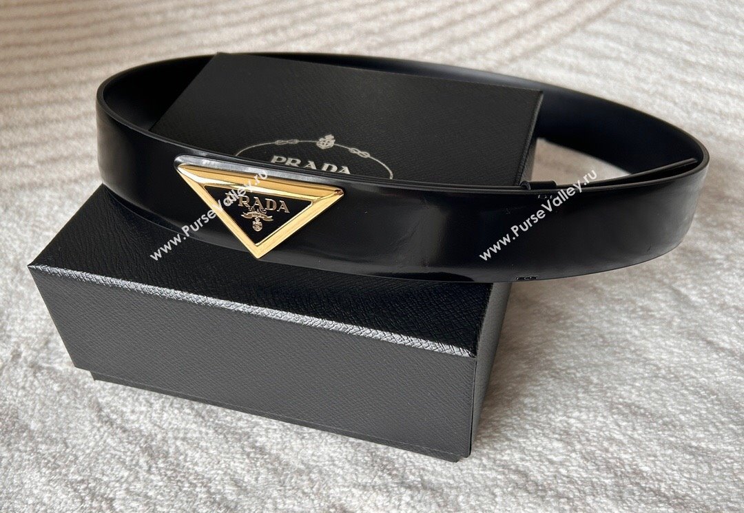 Prada Men Shiny Leather Belt 3.5cm with Tiangle Buckle Black/Gold 2025 0315 (99-250315019)