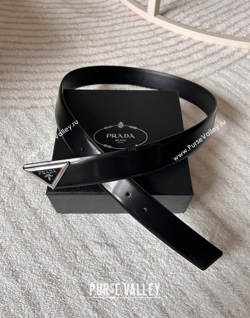Prada Men Shiny Leather Belt 3.5cm with Tiangle Buckle Black/Silver 2025 0315 (99-250315020)
